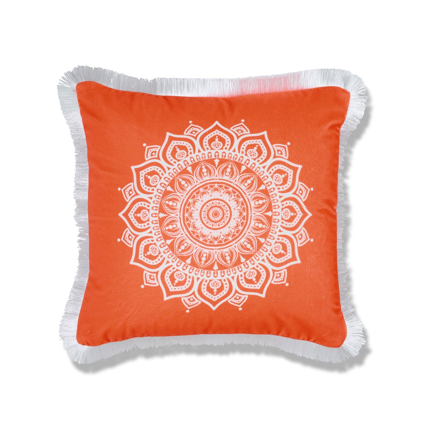Plush orange velvet cushion with white mandala and white fringe trim
