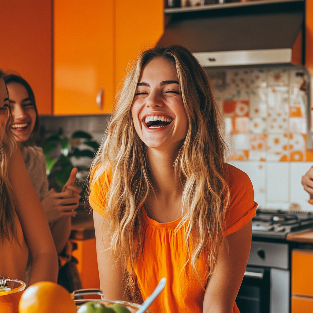 Joyful Woman Orange Kitchen