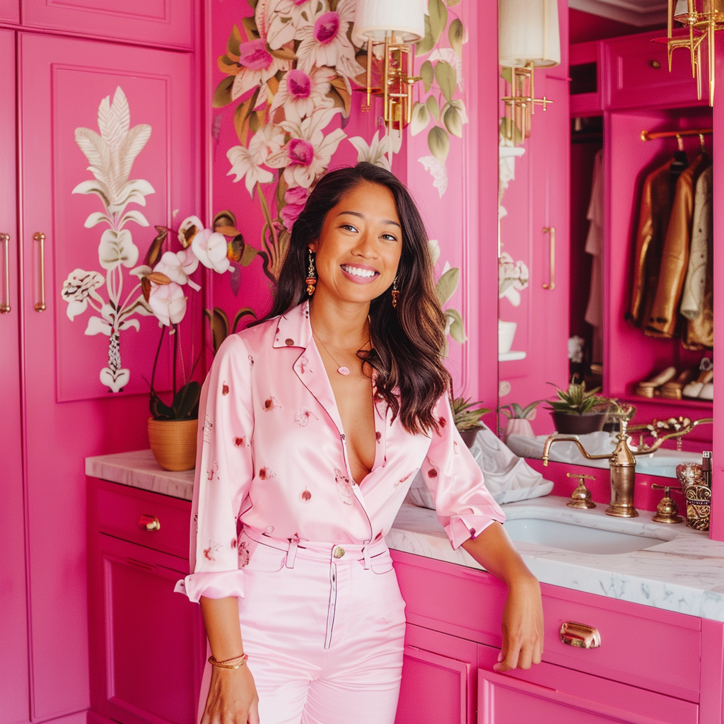 Confident woman in pink dressing room