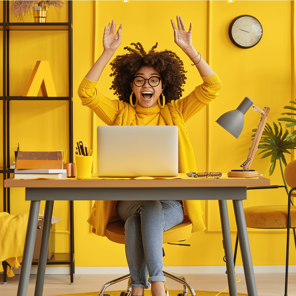 Happy Woman Yellow Home Office