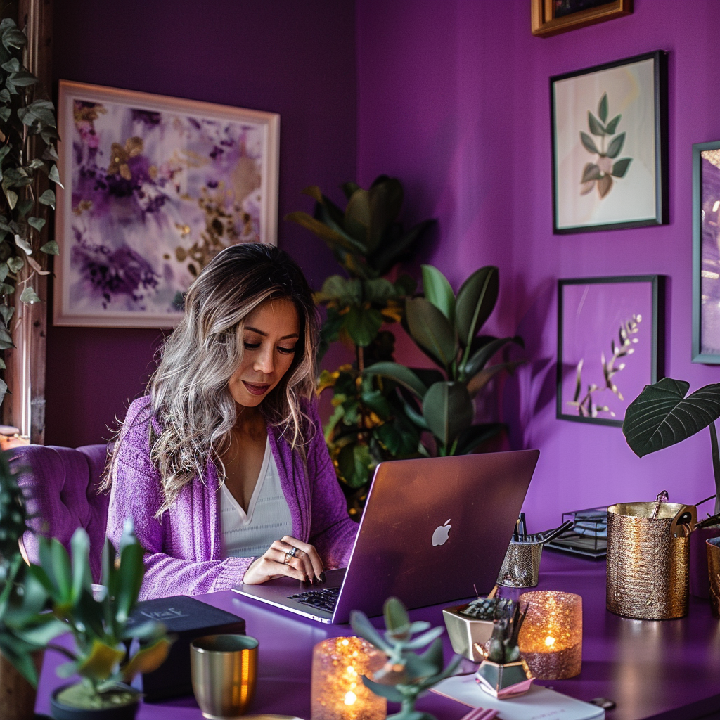 Woman Focusing on Work in Purple Home Office