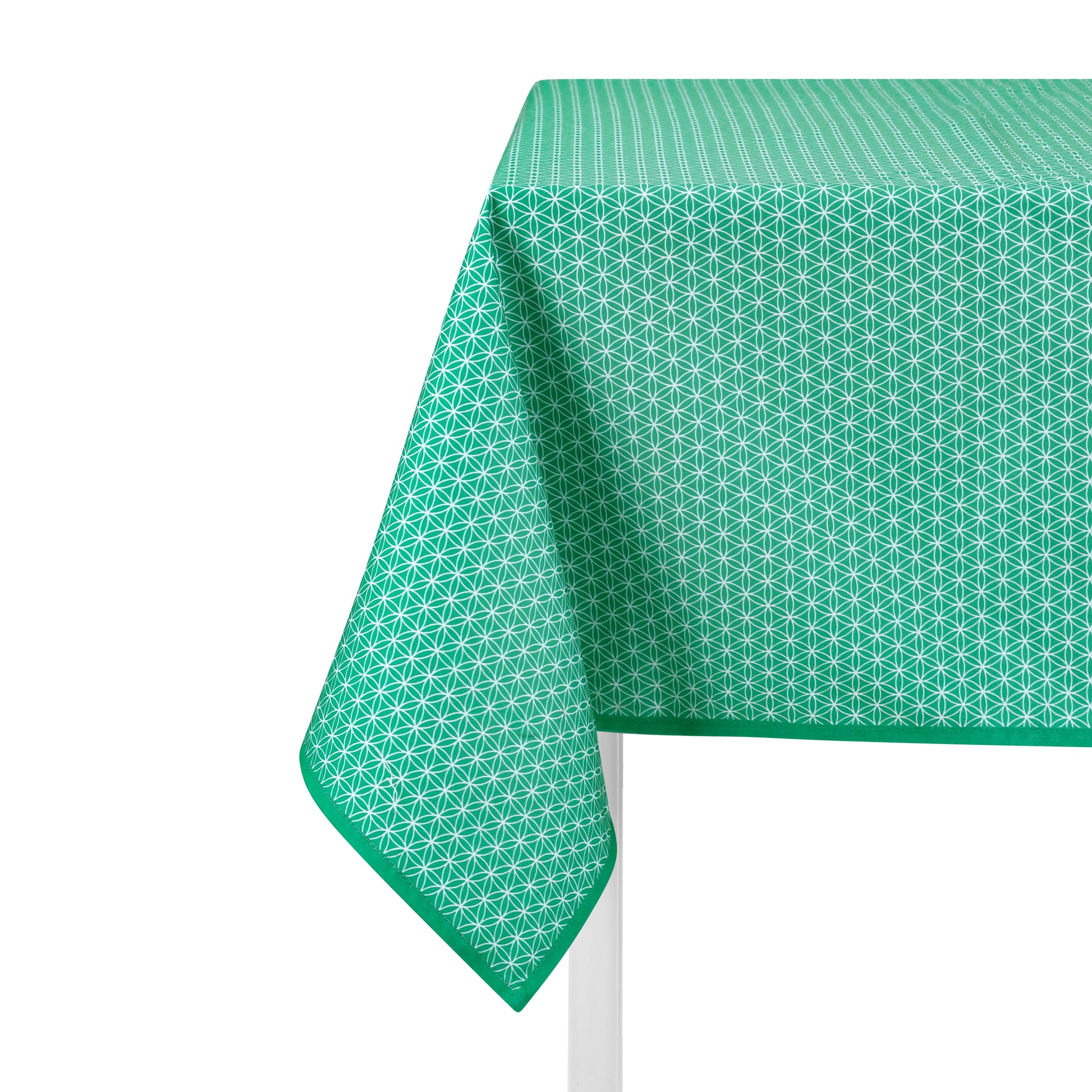 Green geometric tablecloth with seed of life pattern made from cotton