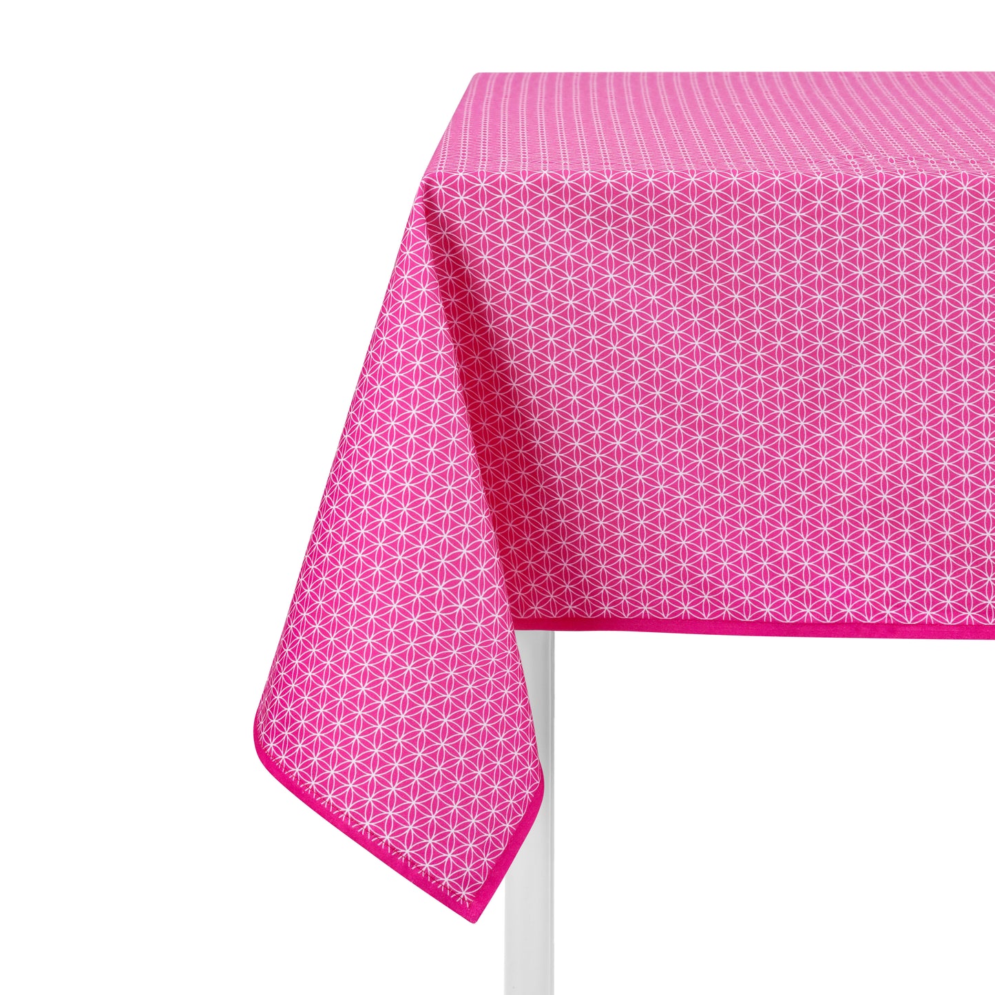 Pink geometric tablecloth with seed of life pattern made from cotton