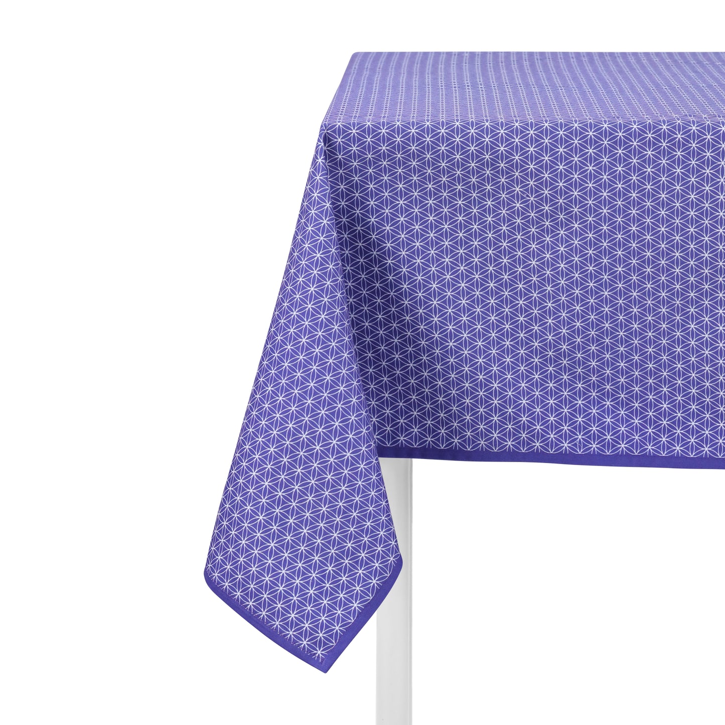 Purple geometric tablecloth with seed of life pattern made from cotton