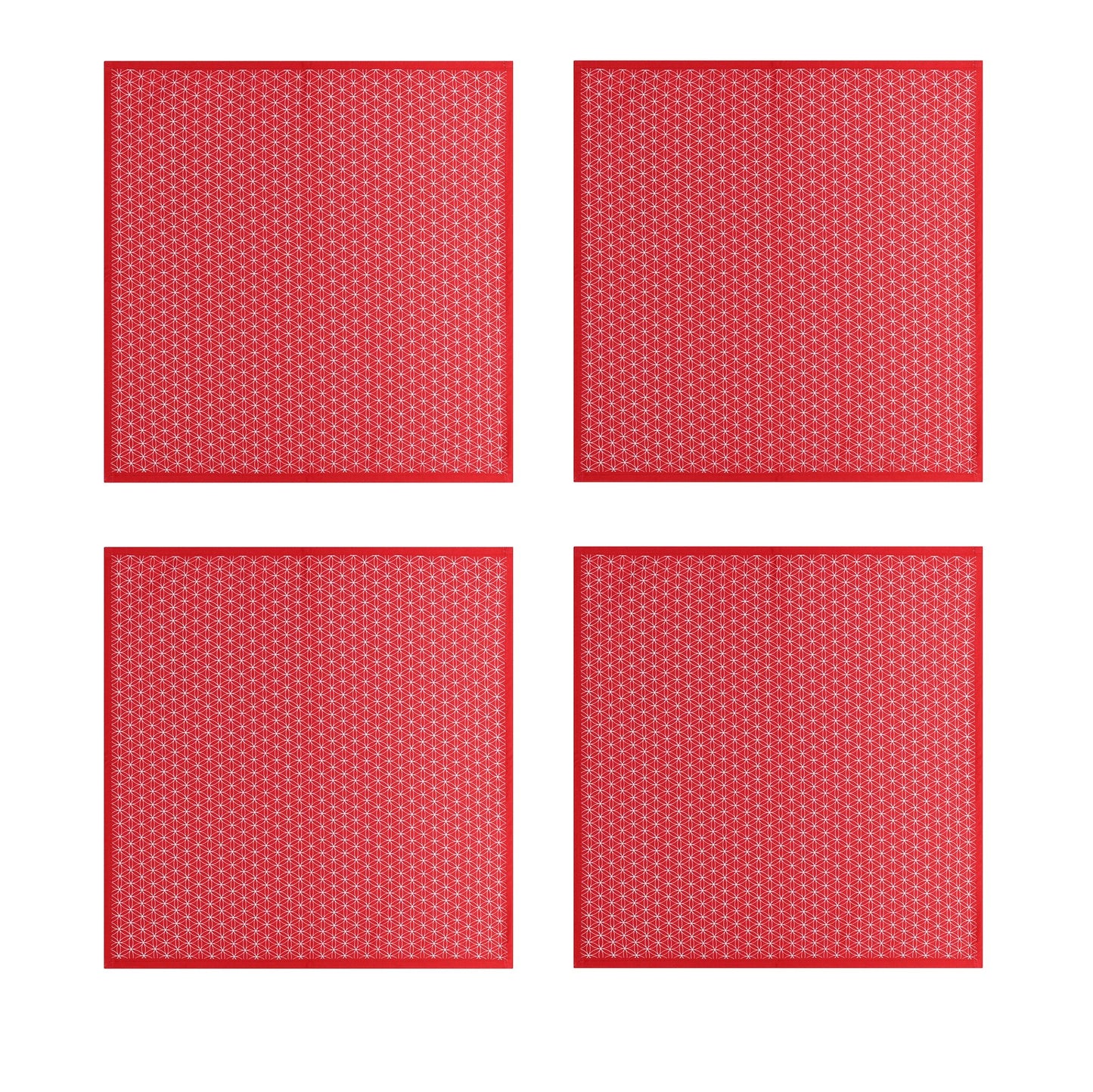 Four red geometric napkins with seed of life pattern made from cotton