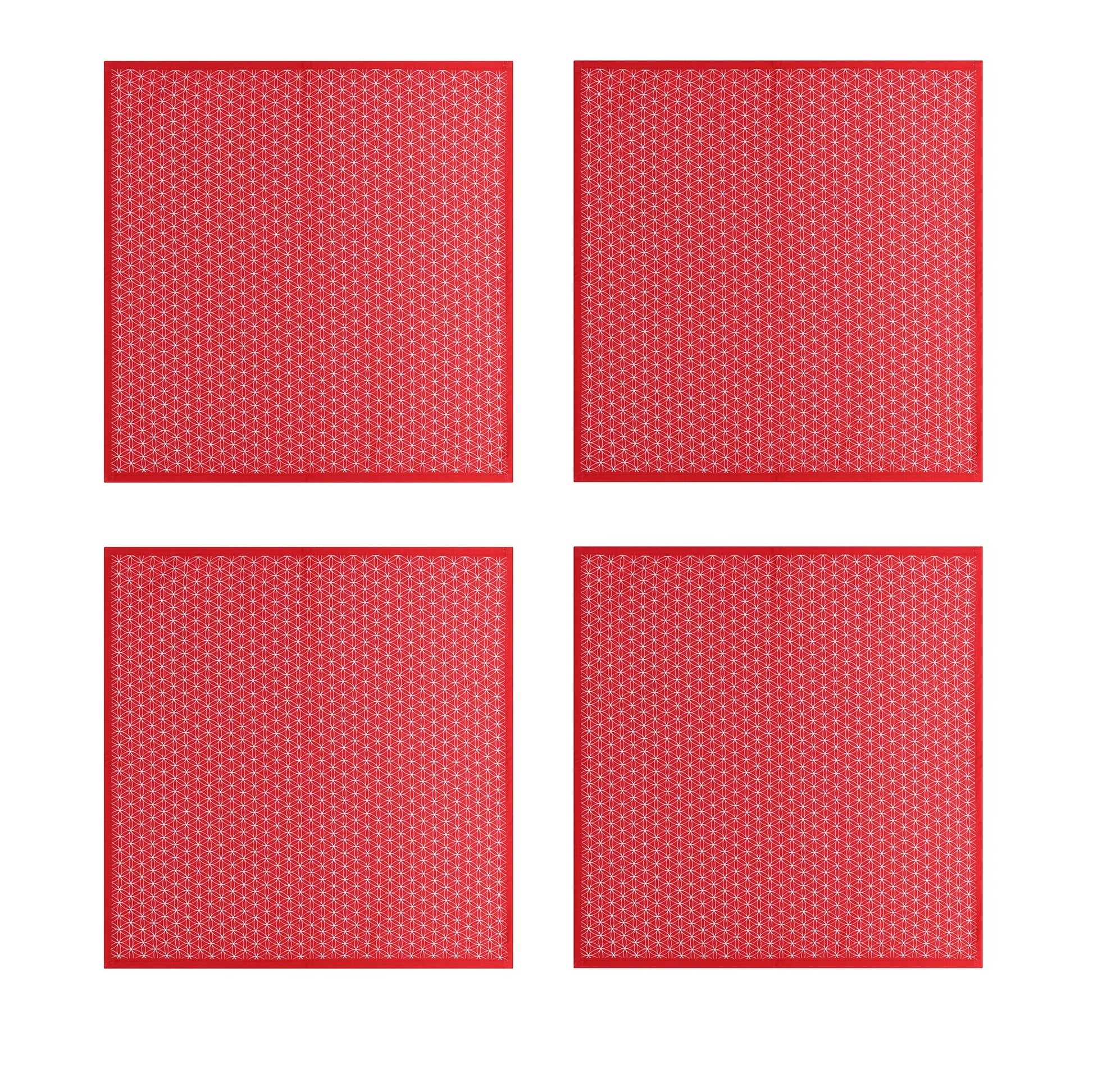 Four red geometric napkins with seed of life pattern made from cotton