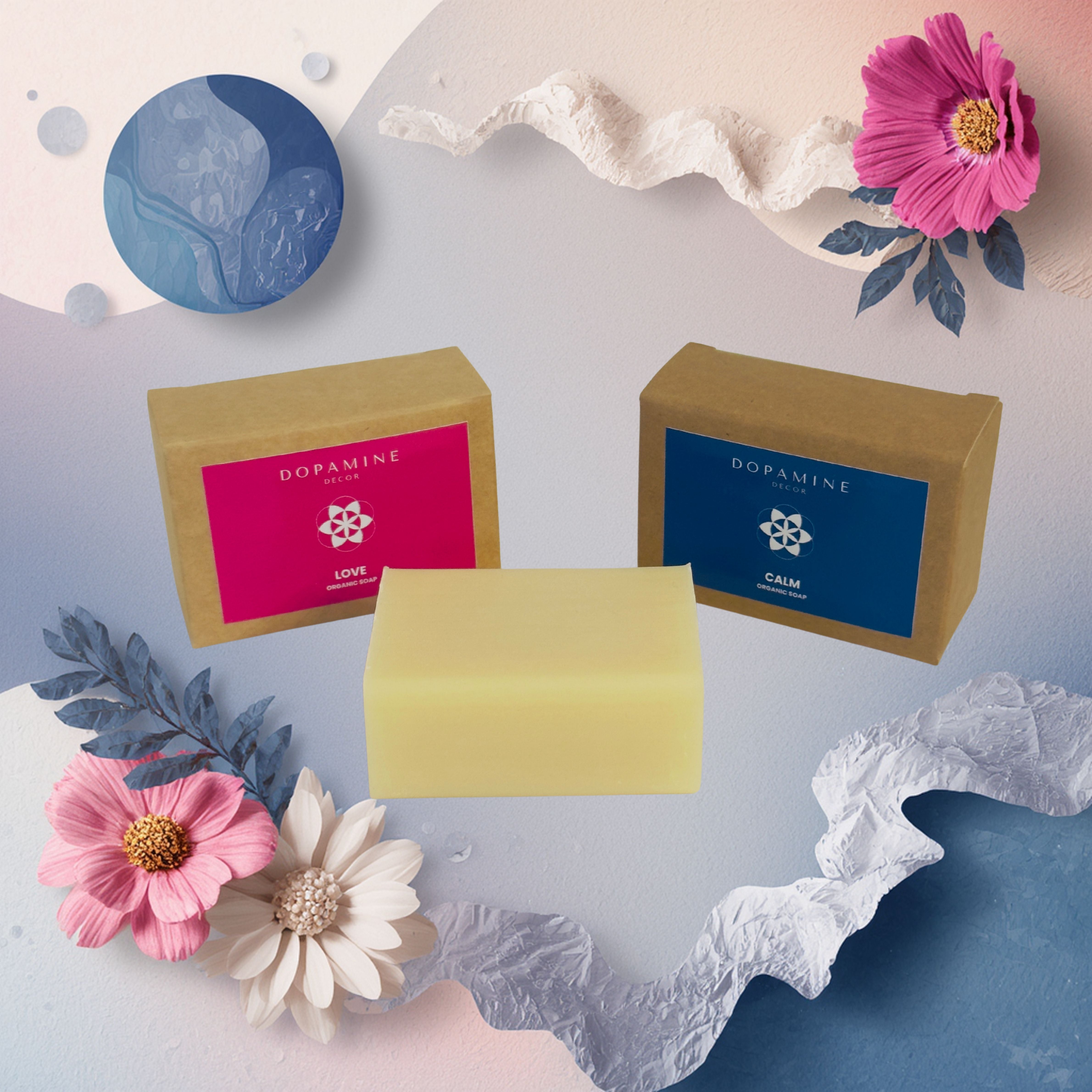 dopamine-decor-pink-love-rose-organic-soap-bar-and-blue-calm-lavender-organic-soap-bar-on-white-and-blue-floral-background