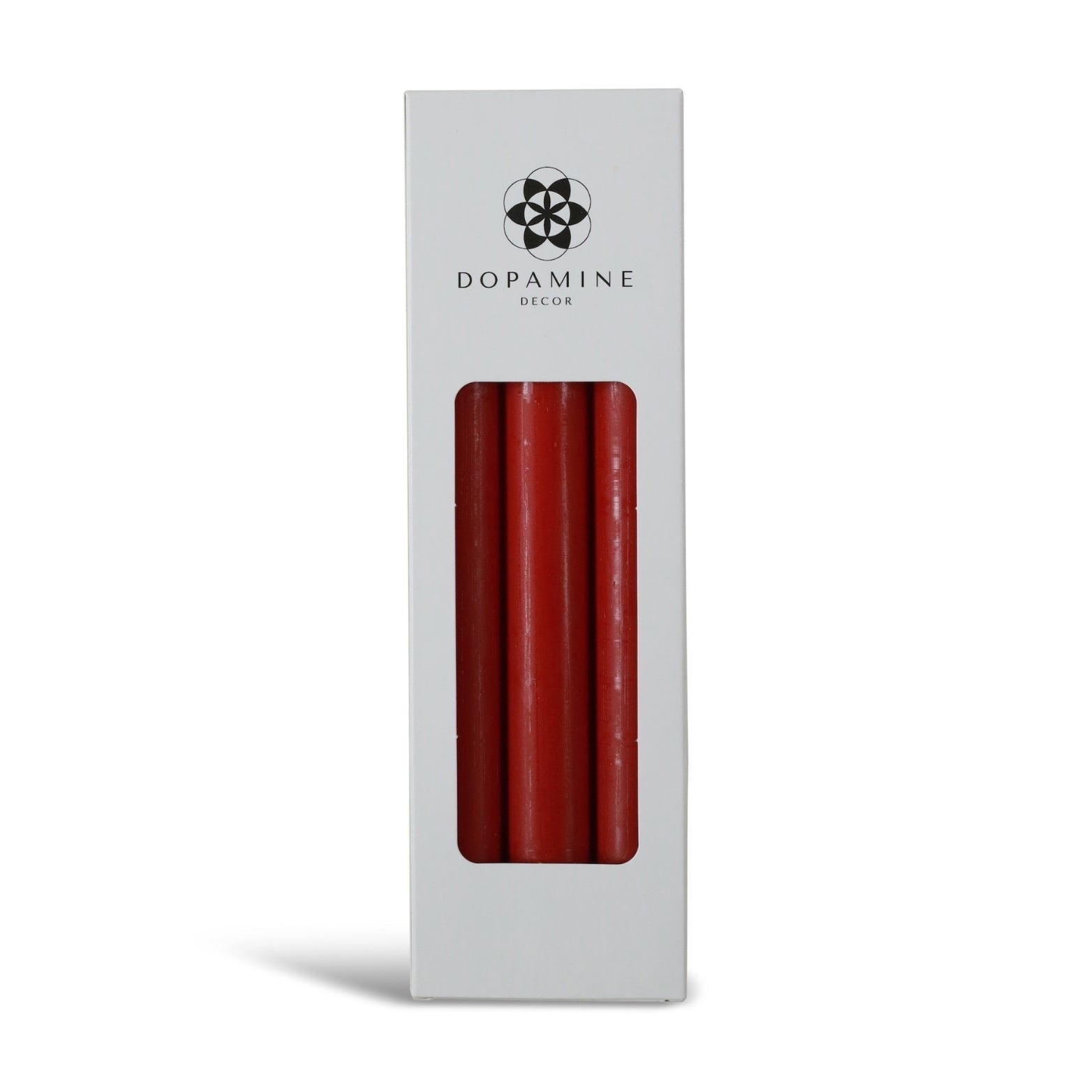 Pack of red dinner taper candles in a Dopamine Decor box on a white background