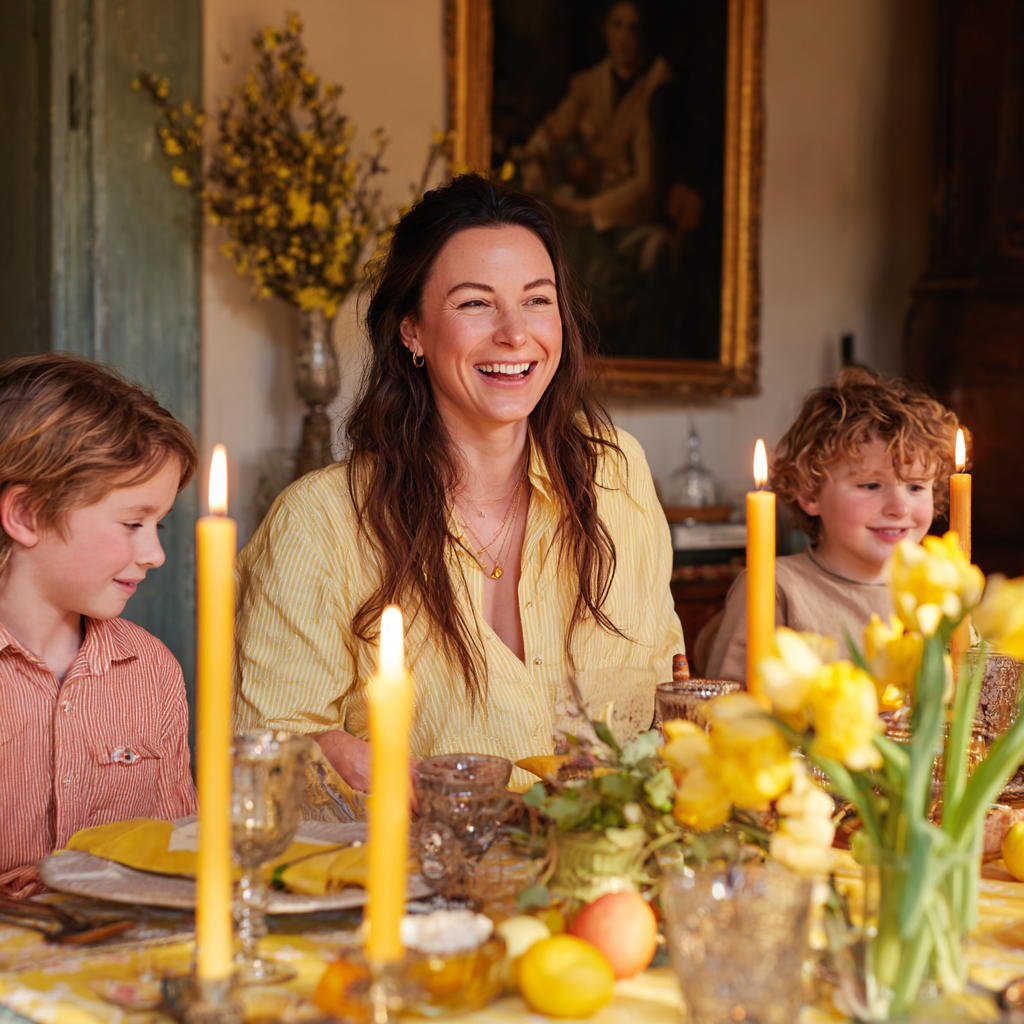 yellow-easter-tablescape-with-mother-and-two-children-sitting-at-table-yellow-dinner-candles-and-yellow-table-linen