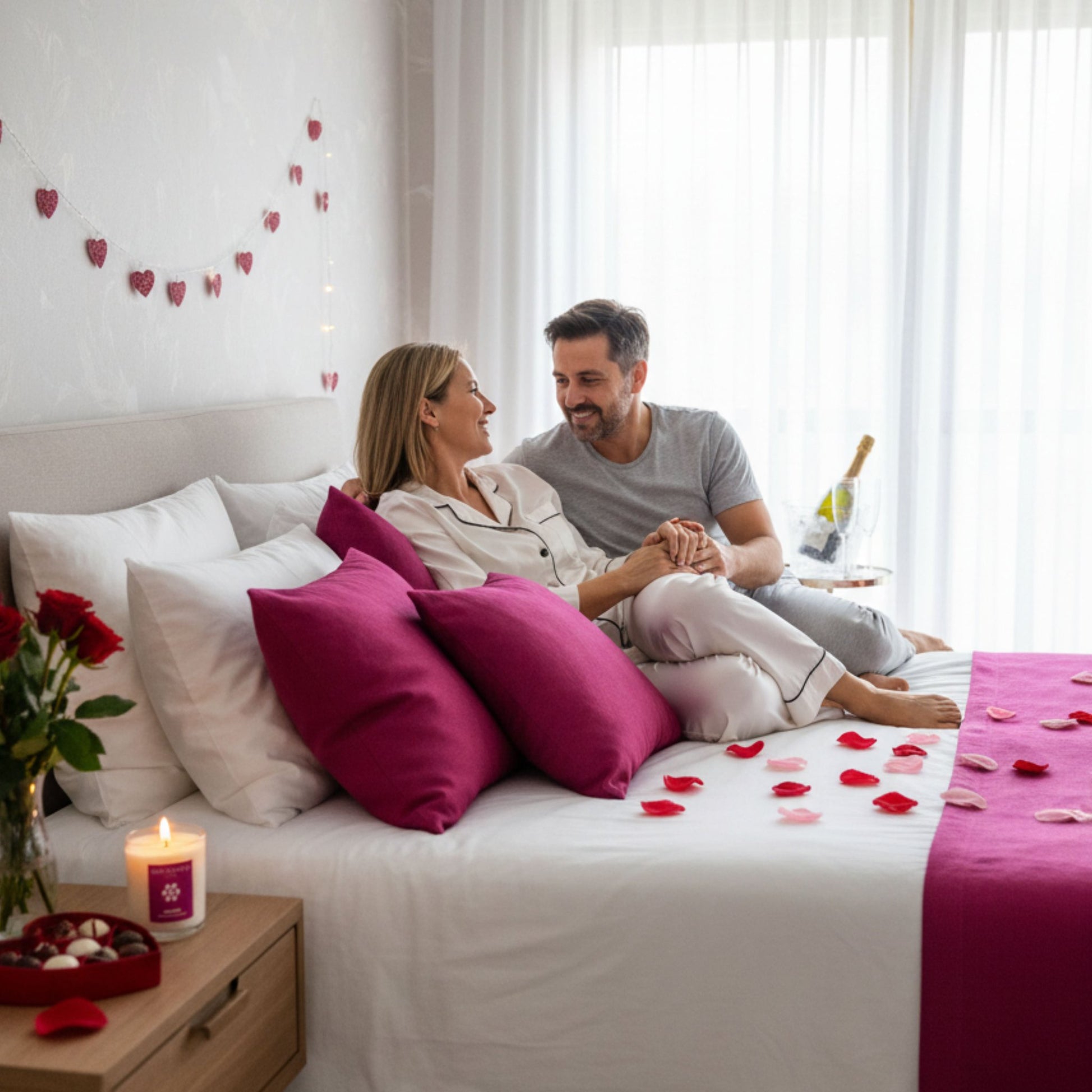 pink-valentines-bedroom-lifestyle-image-man-and-lady-on-bed-holding-hands-with-pink-cushions-pink-bed-runner-and-pink-candle-with-rose-petals-on-the-bed-and-champagne-bottle-and-glasses-and-chocolates-on-night-stand
