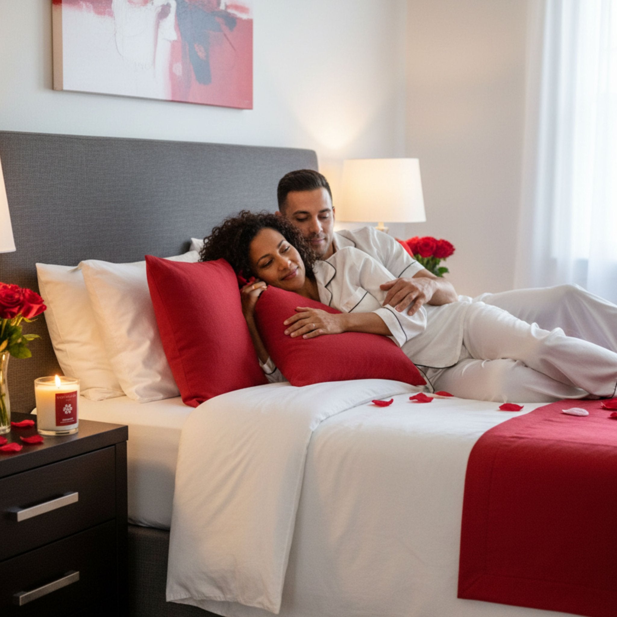 red-valentines-bedroom-lifestyle-image-man-and-lady-on-bed-with-red-cushions-red-bed-runner-and-rose-petals-flowers-and-red-candle-on-night-stand